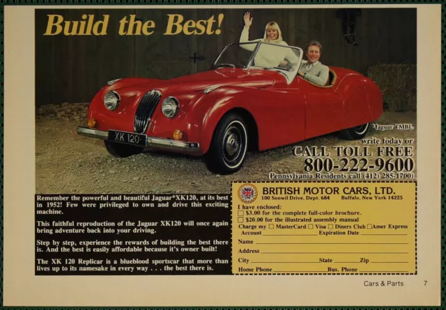 British Motor Cars Jaguar XK120 Replica Kit Vintage Print Ad 1984