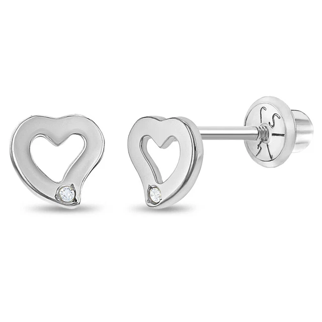 14k White Gold Girl's 5mm Diamond Accent Curve Heart Screw Back Earring Studs