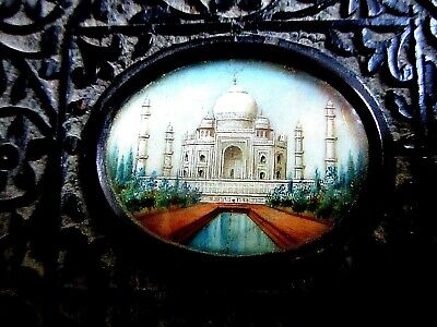 Vintage 1910 Edwardian Miniature Taj Maha Paintinl In Ebony Frame - India 2