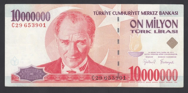 Turkey  10000000 Lira  1999  VF  P. 214,    Banknote, Circulated