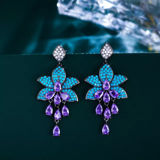 Long Turquoise Leaf Purple Drop Earring Black Gold Plated Cubic Zirconia Jewelry