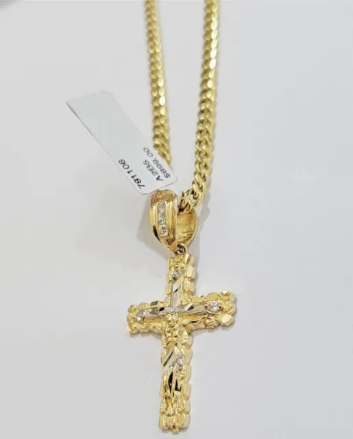 10k Yellow Gold Cross Charm Pendant 18-26" Miami Cuban Link Chain Necklace SET 2