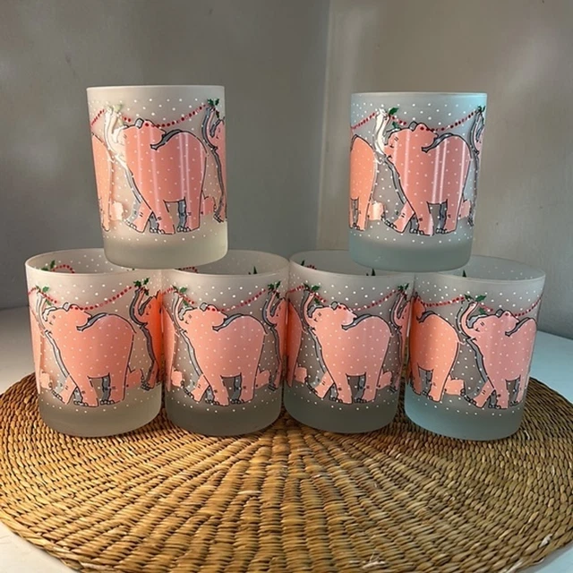 RARE VINTAGE NEIMANMARCUS Christmas Tree Pink Elephant Bar Glasses Set