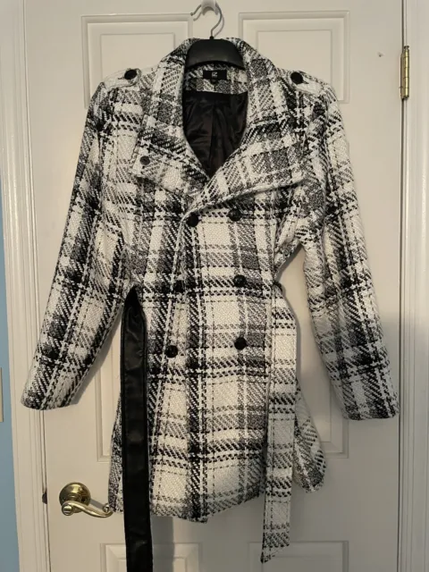 IZ BYER Womens SIZE XL Black And White Plaid Button Up Pea Coat Pockets Jacket