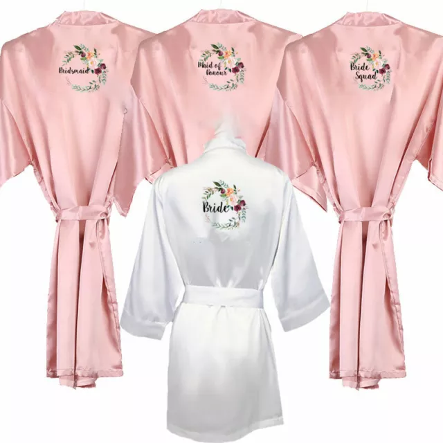 Personalised V Neck Satin Bride Kimono Bath Robe Floral Bridesmaid Wedding Gown