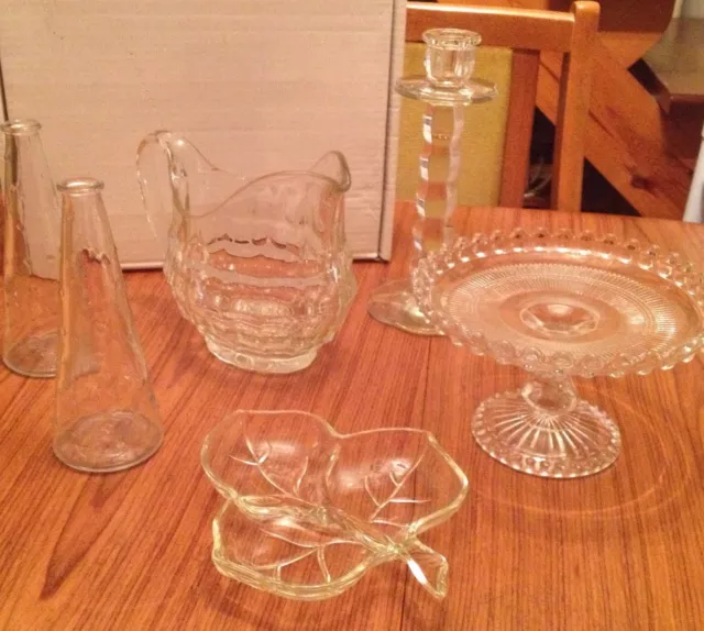 Job Lot Of Vintage Clear Glass Dishes/Jugs/Vases/Cake Stand/Retro Wedding Decor