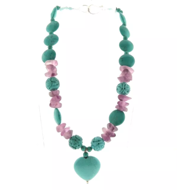 CARVED TURQUOISE BEAD Heart Pendant Necklace with Amethyst .5 x 16.5 ...