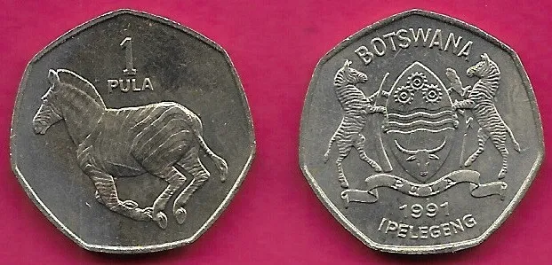 BOTSWANA 1 PULA 1991 UNC ZEBRA LEFT (7 SIDED)DENOMINATION ABOVE,National arms wi