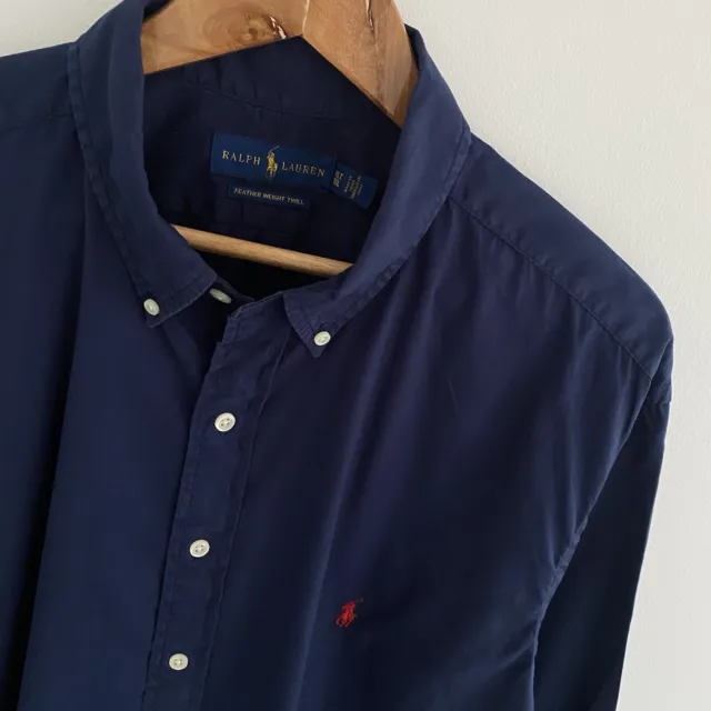 Camisa para hombre Ralph Lauren azul marino peso pluma sarga manga corta talla XLT 2XL