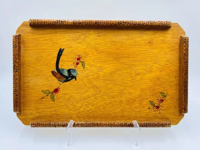 Vintage MCM Serving Bar Tray Wooden w/ Raised Trim as Handles Hand Painted Birds