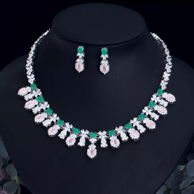 Pink Green CZ Flower Drop Necklace Earring Party Silver Plated Women Jewelry Set