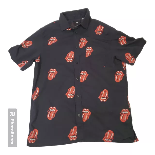 H&M The Rolling Stones Tongue Print Collared Button Down Short Sleeve shirt SM