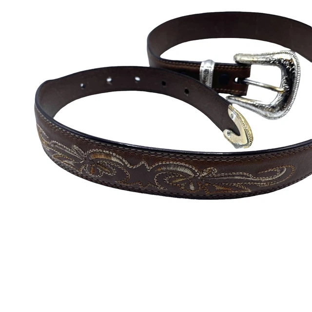 Mens DBL1126 Brown Genuine Leather Embroidered Tooled Belt Size 34 With Buckle