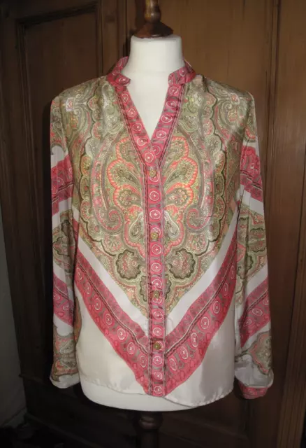 Next Baroque Print Blouse Size 12 Pink Floaty Scarf Button Tab Sleeve Shirt VGC