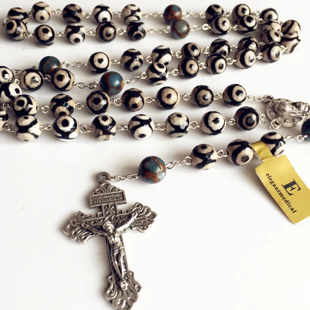 XL 10MM dzi agate bead Rosary Cross CRUCIFIX CATHOLIC NECKLACE Men's Women Gift