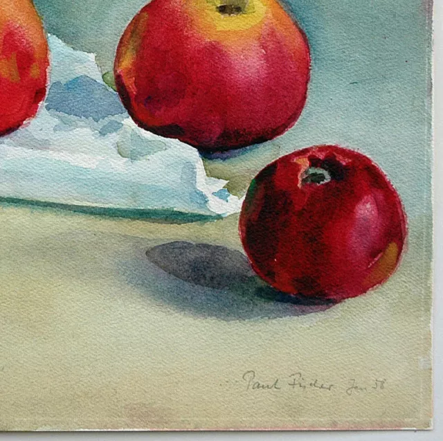 Paul Fischer 1873-1970: Stilleben rote Äpfel Mundtuch Aquarell 1958 Apfel Frucht 2