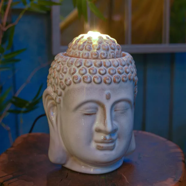 Weiß Buddha Kopf LED Aufleuchtend Netzteil Betrieben Außen Wasserbrunnen Merkmal