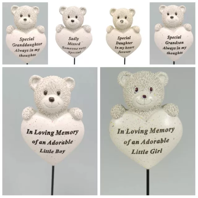 Memorial Teddy Bear Heart Stick - Child Graveside Ornament-choice of name