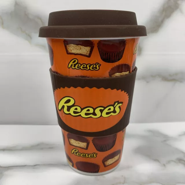 Reese's Peanut Butter Cup Travel Coffee Mug Silicone Grip Ceramic 16 oz Tumbler