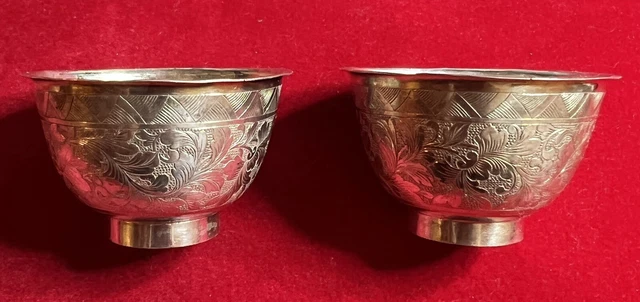 China Early 20th Century Pair Of Hall Marked Fine Silver Floral Decorated Cup
