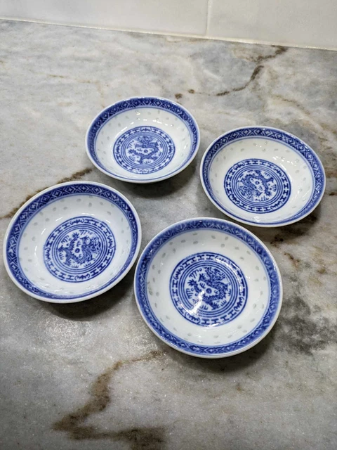 Set of 4 Vintage JingDeZhen China Rice Grain Sauce Dishes 4" Round Translucent