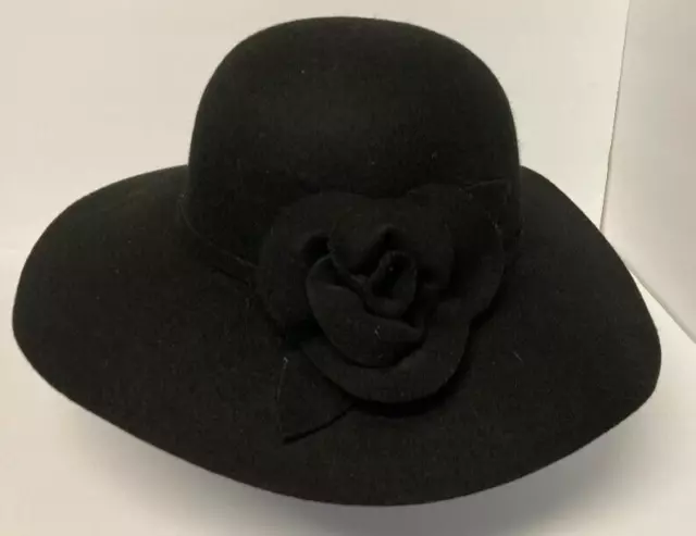 Black Floppy Hat 100% Wool Flower with Trim good condition