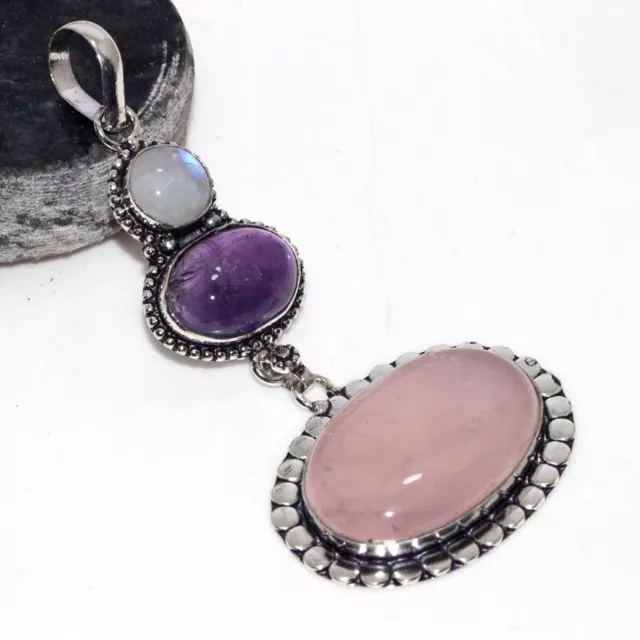 Rose Quartz Natural Amethyst 925 Silver Plated Pendant 3.5" Superb Jewelry GW