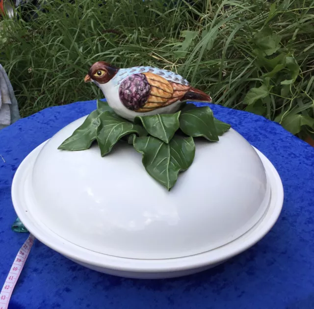 Vintage Majolica Style, Partridge On Nest Tureen Serving Dish W/ Lid Italian