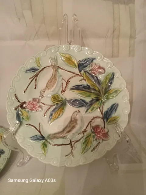 Two Antique French Majolica Barbotine Plates With Birds And Flowers 8"