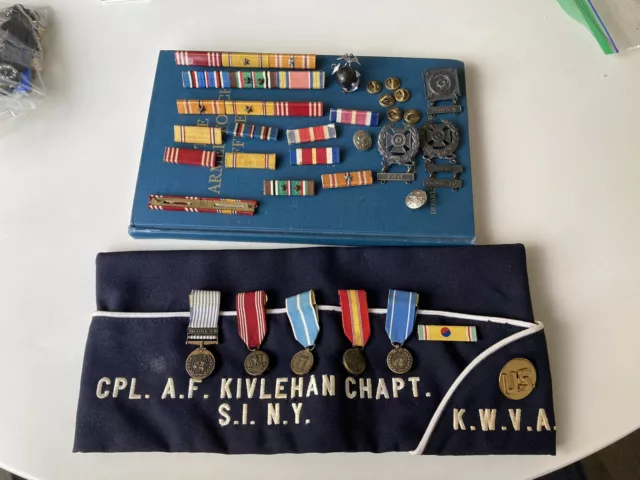 WWII & Korean War Era Pin Medal Lot US Army USMC Sterling Campaign Ribbon WW2