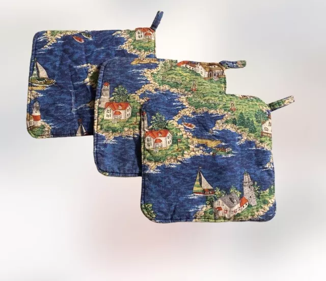 De colección velero cuadrado faro bahía océano m porta ollas azul rojo conjunto de 3
