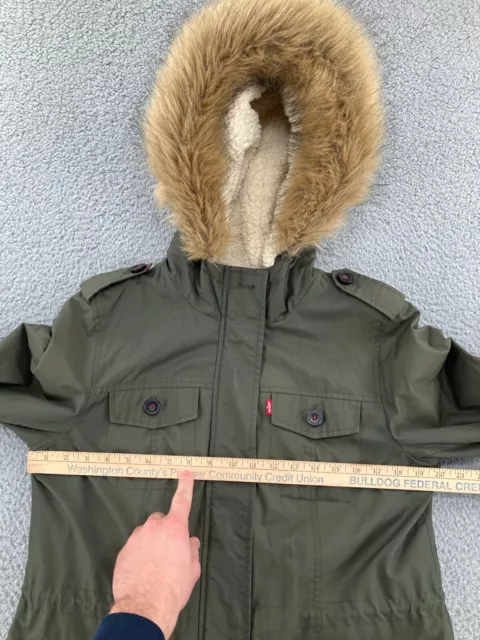 Levis Jacket Womens Medium Green Faux Fur Hooded Sherpa Lined Nylon Parka Ladies 3