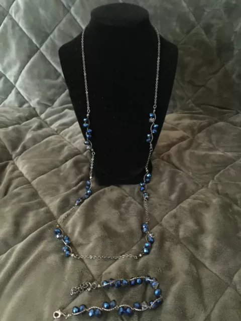 Women's Fashion Jewelry Necklace Blue 36 Inch Long with Bracelet