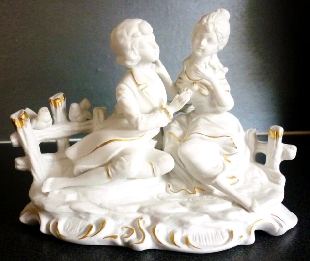 Superbe Groupe En Porcelaine, Biscuit Ancien, Couple Romantique, Galants, Xixeme