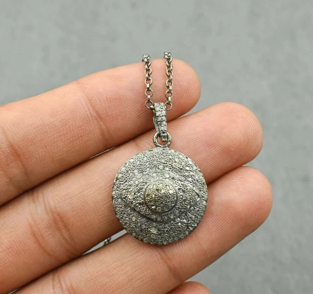 Evil Eye Pendant Pave Diamond Necklace 925 Sterling Silver Jewelry Gift for