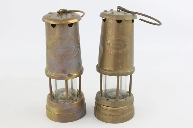 2 x Vintage BRASS Miners OIL LAMPS  Inc British Coal Mining Company Wales U.K