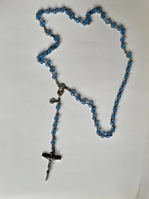 Vintage Blue Crystal Glass and Silver Rosary Italy 21 Inch Lovely