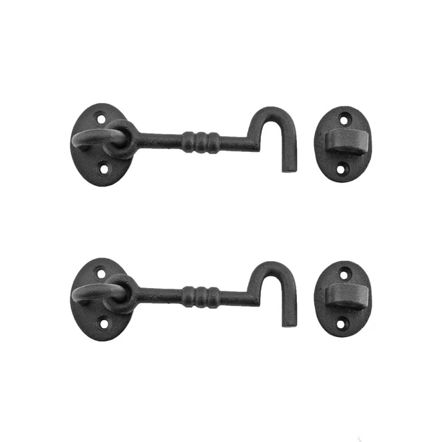 Black Cabin Hook Wrought Iron Eye 5" Long with Mounting Screws Pack of 2