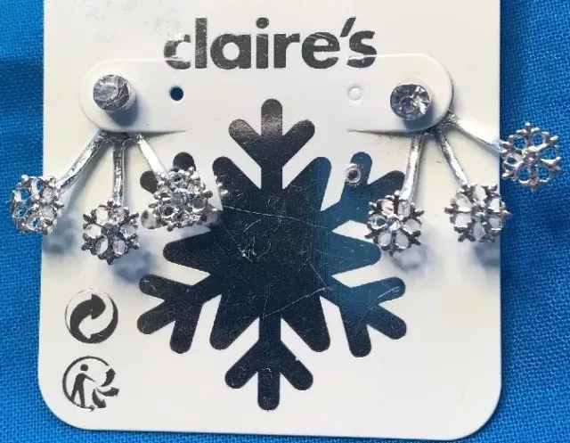 One Pair Of Claires Silver Tone In Rhinestones Front And Back Snowflake Earrings