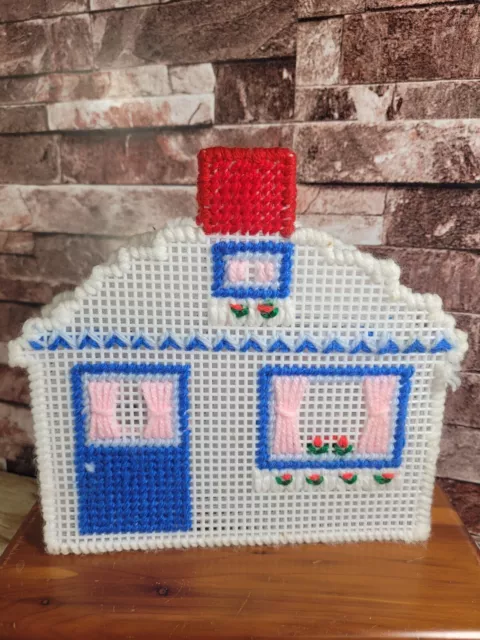 Vtg Plastic Canvas Needlepoint Cottage Napkin Holder COMPLETE Granny Kitchen