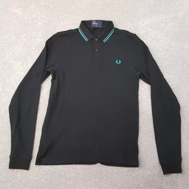 Fred Perry Mens Polo Shirt Small Black Long Sleeve Slim Fit Twin Tipped Casuals