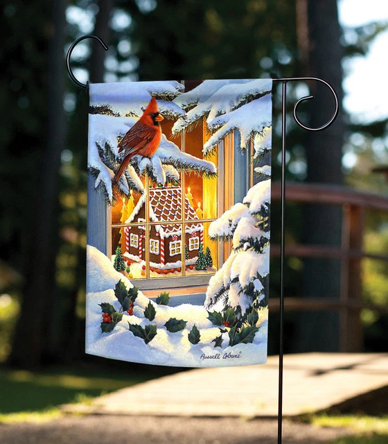 Toland Gingerbread House Cardinal 12x18 Winter Snow Bird Garden Flag