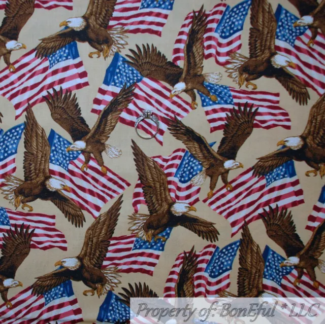 BonEful FABRIC Cotton Quilt Red White Blue American Flag Eagle Bird USA US SCRAP
