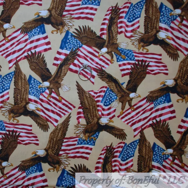 BonEful FABRIC Cotton Quilt Red White Blue American Flag Eagle Bird USA TX SCRAP