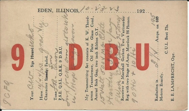 Vintage Ham Radio Qsl Cards 1923  9Dbu   Eden, Il.