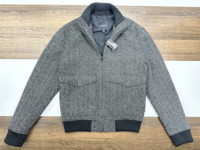 NEW Express Mens XS Gray Wool Blend Bomber Jacket Herringbone Zip Coat NWT