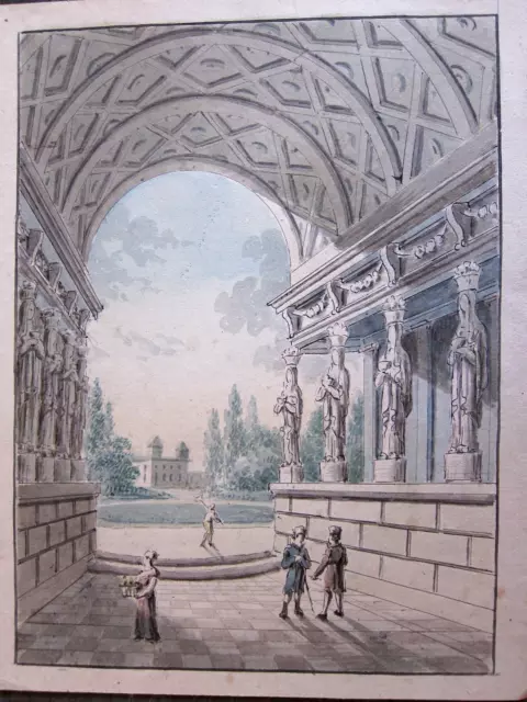 dessin crayon,encre et aquarelle début 19e: Vue intérieure de palais et jardin.