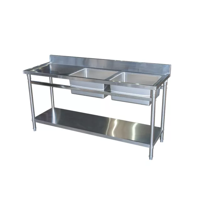 180CM X 60CM Stainless Steel Double Right Sink & Bench With 120mm Splashback - B