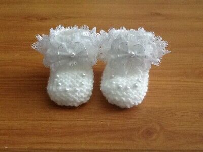 Baby Girls New Hand Knitted Booties Newborn White / White Lace & Bow