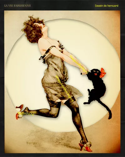 5x7 LADY & CAT DANCE vintage La Vie Parisienne reproduction Herouard art print